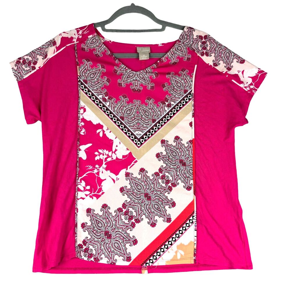 Chicos Top Womens 1P Medium Petite Pink Paisley Floral Short Sleeve Shirt Blouse